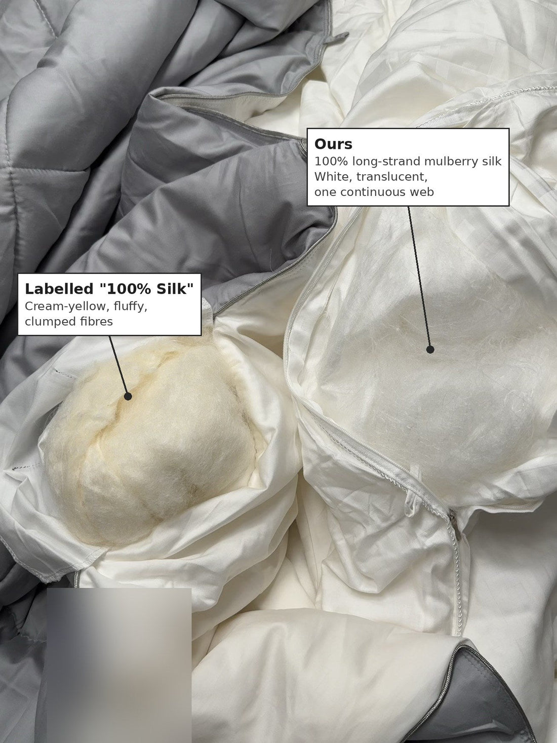 Side-by-side photo of two opened silk duvets: yellowish clumped silk fill on the left, white translucent long-strand mulberry silk on the right.